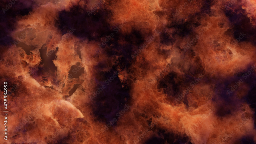 3D rendering of violet-orange colorful nebula and cosmic gas clusters in deep space.