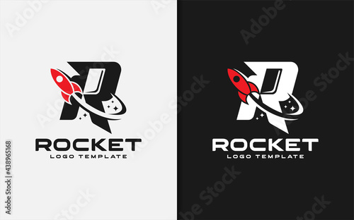 Abstract Initial Letter R Logo Combined with Flying Rocket Silhouette Logo Design.