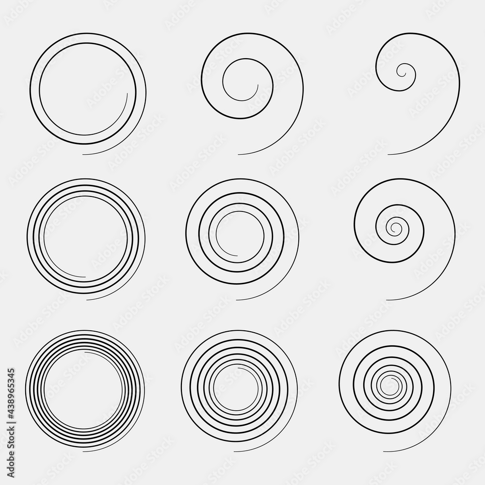 Spirals set. Vector simple spirals. Swirling line creating a spiral.