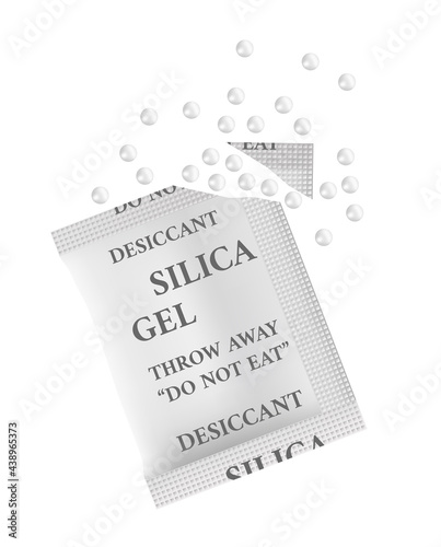 Vector illustration of silica gel in white bag with cut-off corner with scattered pile of adsorbent, desiccant polymer balls. Form of silicon dioxide isolated on white. Desiccant hygroscopy substance.