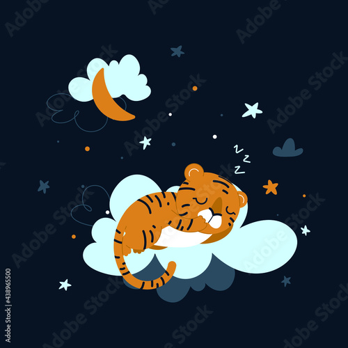 Canvas Print Cartoon tiger sleep on the clouds on dark background