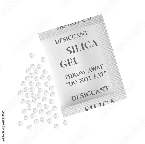 Vector illustration of silica gel in white bag with a scattered pile of moisture adsorbent granules, desiccant polymer balls. Form of silicon dioxide isolated on white. Desiccant hygroscopy substance.