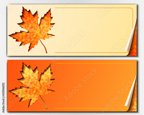 Set of two autumn banners. Contour of maple leaf with background of fallen leaves.
