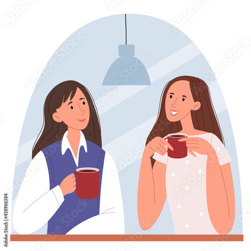 Stylish girls sitting in a cafe and talking. Successful women happily spend time together. Flat style modern design for web page, social media, poster.
