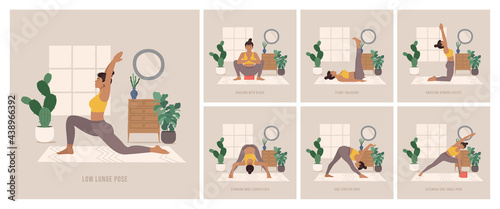 Yoga Poses Set. Young woman practicing Yoga pose. Woman workout fitness, aerobic and exercises. Vector Illustration. 