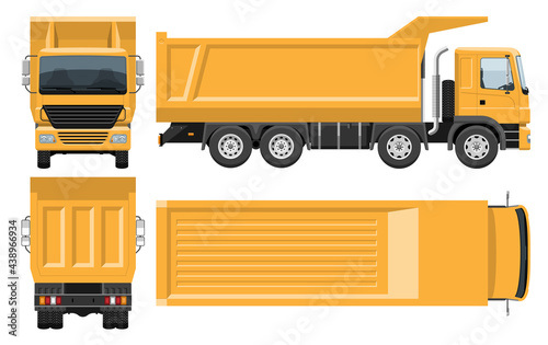 Dump truck vector template with simple colors without gradients and effects. View from side, front, back and top