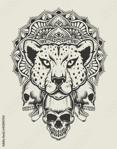 illustration cheetah head with skull and mandala monochrome style