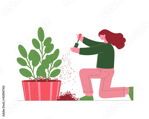 Homework concept. Modern flat illustration of a woman planting flowers. Home Gardening concept