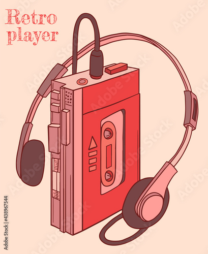old retro player for tapes in orange colours. cartoon style with strokes