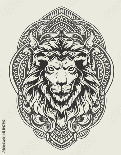 illustration lion head with vintage engraving ornament