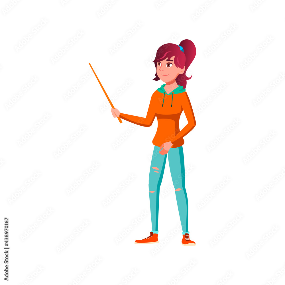 young lady teacher pointing at blackboard with pointer stick cartoon vector. young lady teacher pointing at blackboard with pointer stick character. isolated flat cartoon illustration