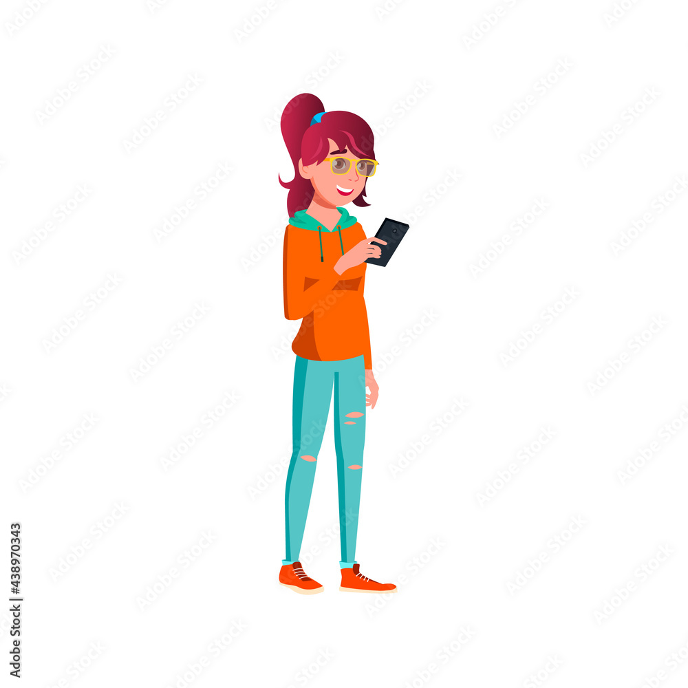 young stylish lady posting comment for funny video on phone cartoon vector. young stylish lady posting comment for funny video on phone character. isolated flat cartoon illustration