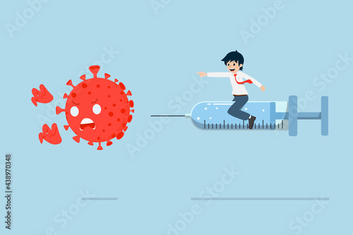 Salary Man Sitting on a large Syringe Vaccination against Coronavirus