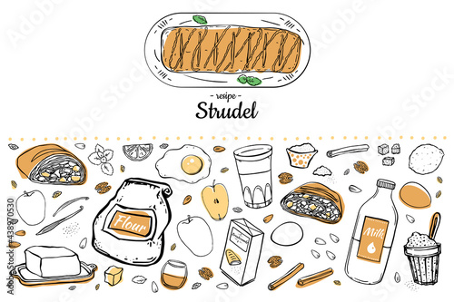 Illustration set of items for making Viennese traditional strudel.
