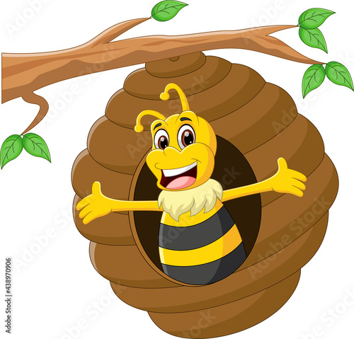 cute cartoon bee waving in the beehive