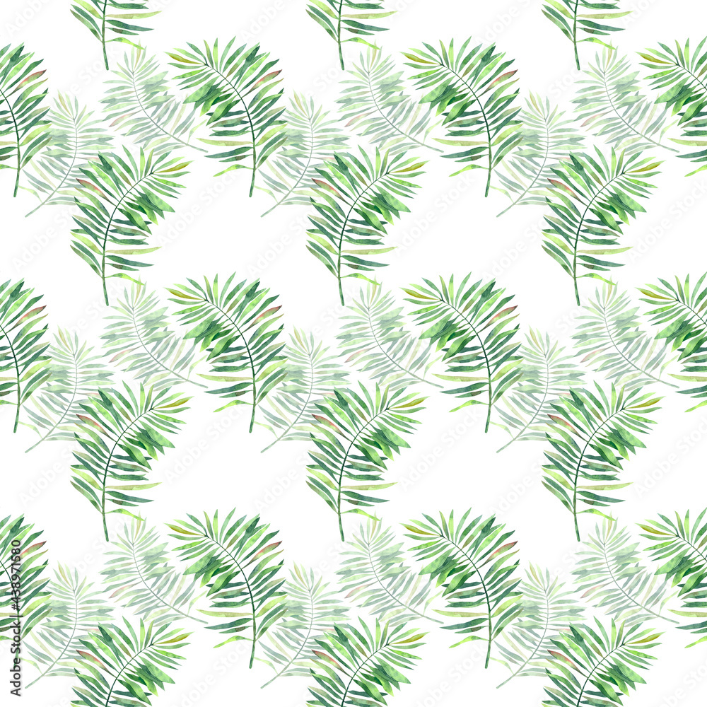 Seamless tropical pattern with green palm leaves of different saturation for design and decoration. Great for decorative paper, scrapbooking, and design