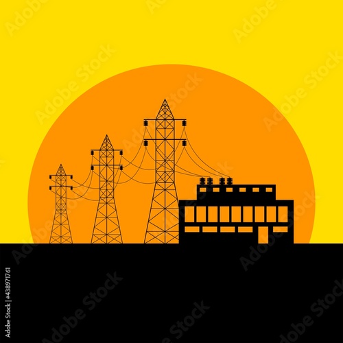 Overhead power line and transformer substation against the backdrop of the setting sun. Vector illustration.