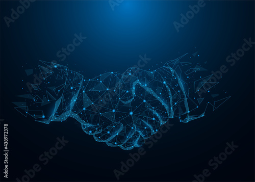 Business handshake lines low poly on blue dark blue background. Hands link internet digital connection. Business mission success concept. Vector illustration in flat design.