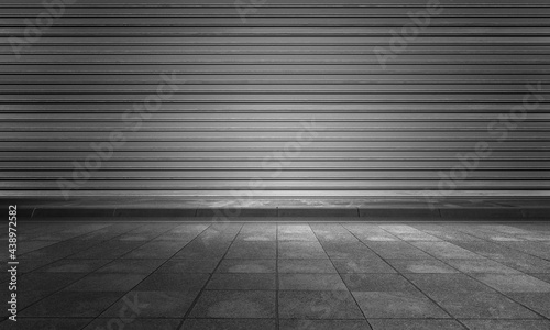 Empty space of parking bricks cement floor with grey color rolling shutter door background in 3D illustration.