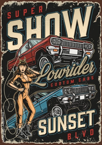 Lowrider cars colorful vintage poster