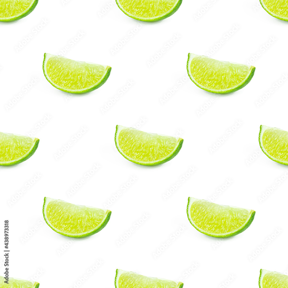 Green limes and lime slices repeat seamless pattern on white background. Green limes and lime slices repeat seamless pattern on white background.