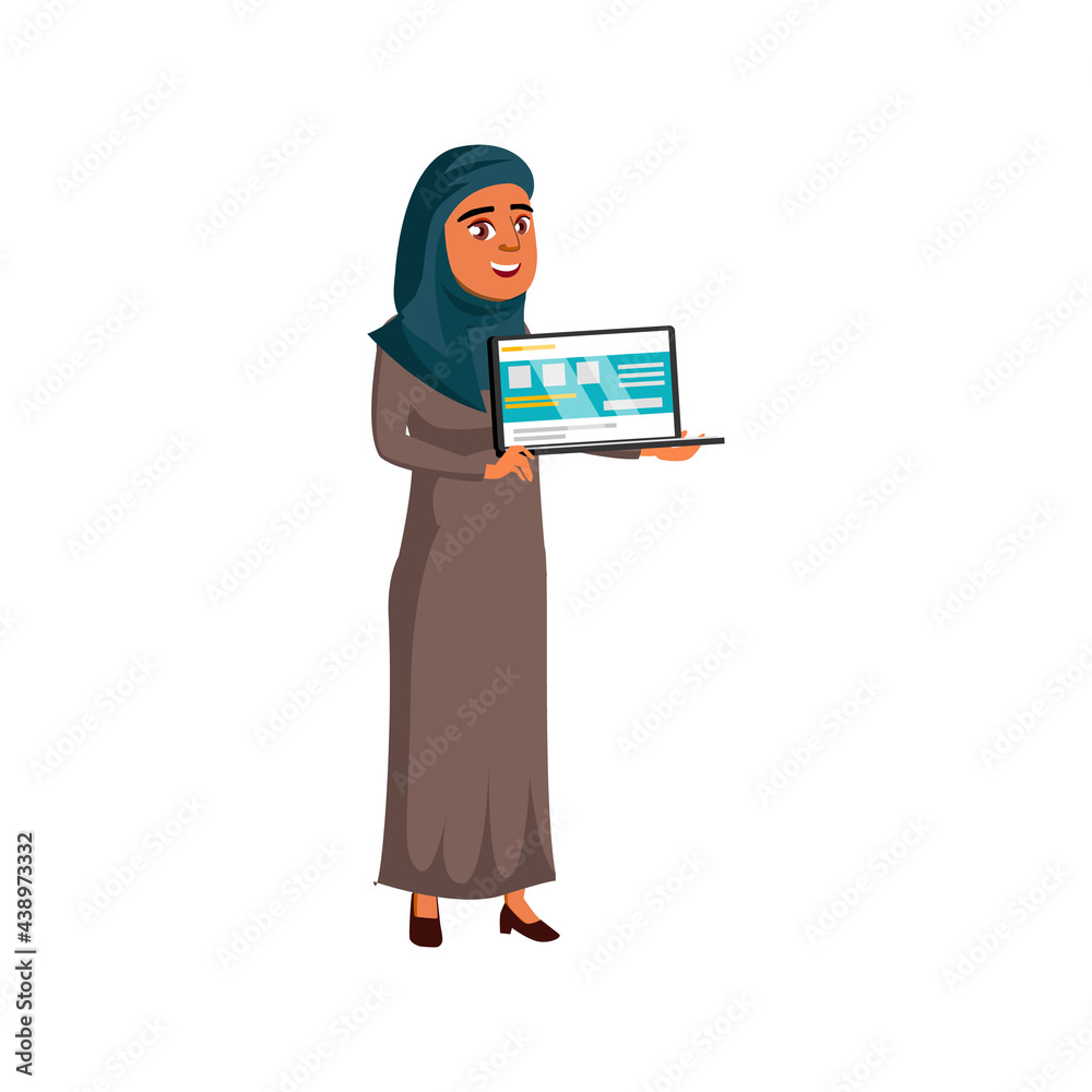 islam woman presenting web site on laptop monitor cartoon vector. islam woman presenting web site on laptop monitor character. isolated flat cartoon illustration islam woman presenting web site on laptop monitor cartoon vector. islam woman presenting web site on laptop monitor character. isolated flat cartoon illustration