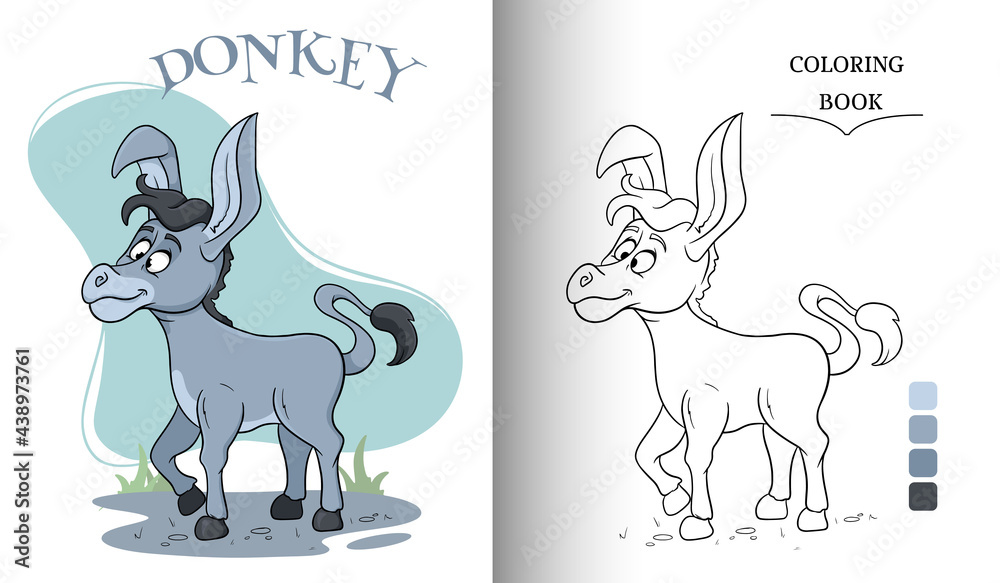 Animal character funny donkey in cartoon style coloring book page