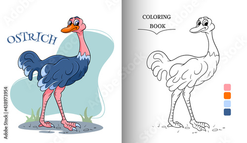 Animal character funny ostrich in cartoon style coloring book page
