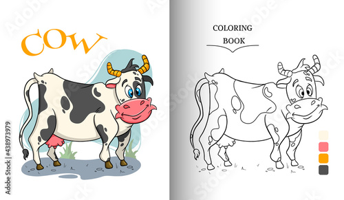 Animal character funny cow in cartoon style coloring book page