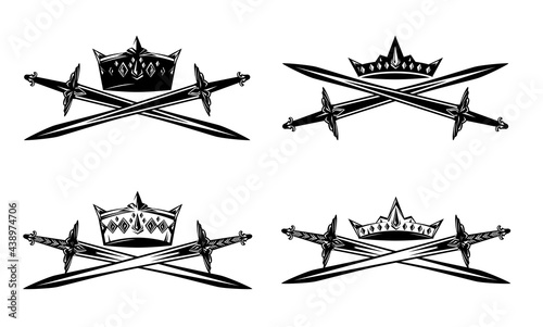 king crown and crossed swords - black and white vector heraldic design set of medieval style royal emblems photo