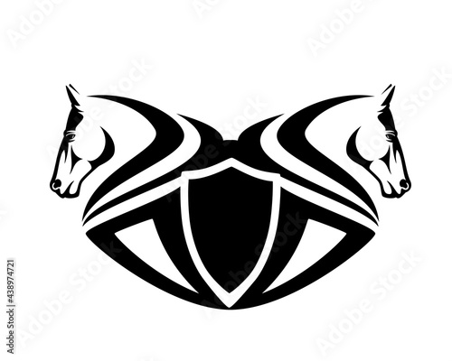 two horse heads and heraldic shield - equestrian sport black and white vector emblem design