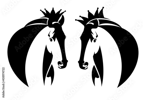 Fototapeta Naklejka Na Ścianę i Meble -  wild mustang stallion wearing king crown - royal horse profile head black and white vector portrait