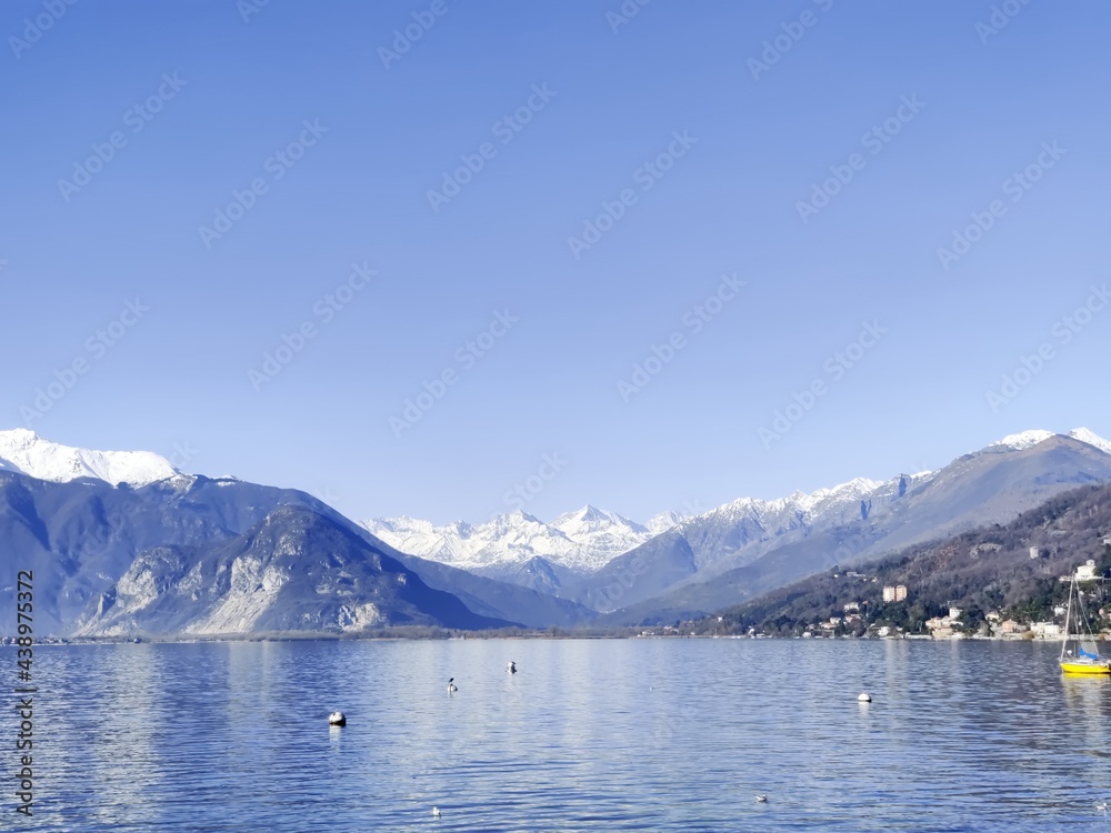 Beautiful view Lago Maggiore and Alps in winter near Verbania Italy 