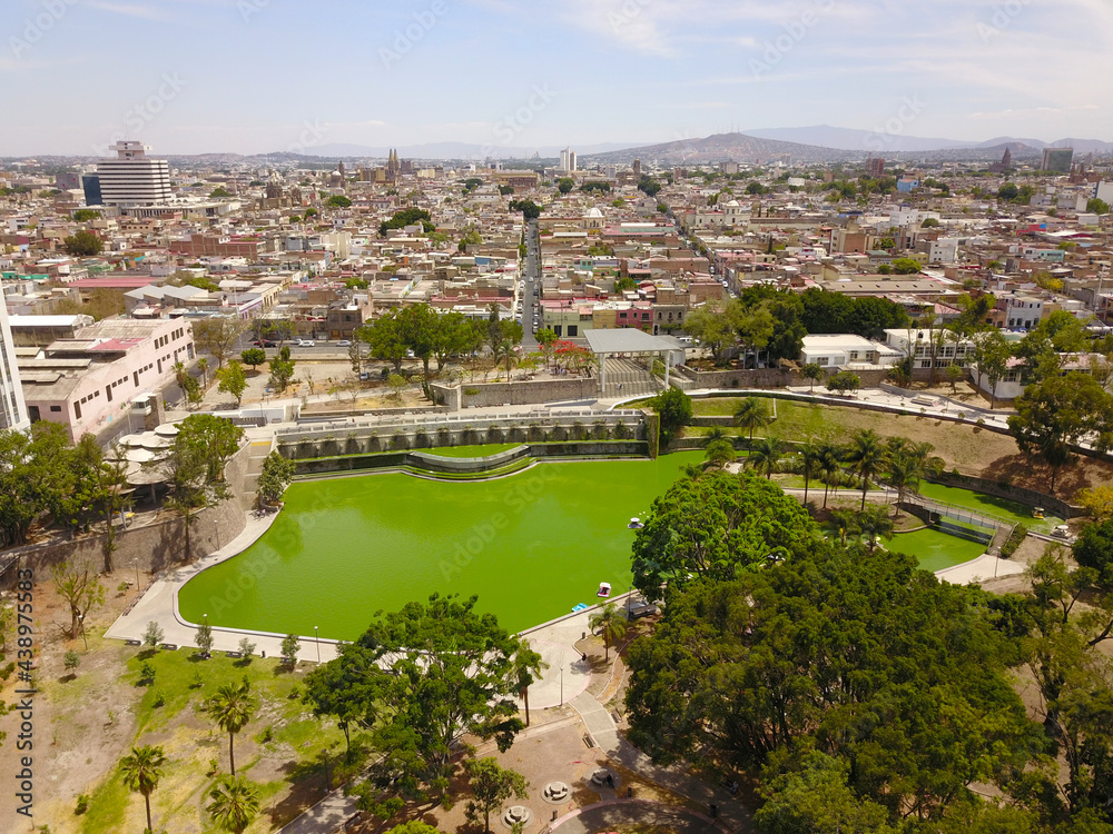 Aerial view over Alcalde park in downtown Guadalajara
