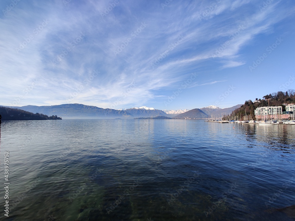 Beautiful view Lago Maggiore and Alps in winter near Verbania Italy 