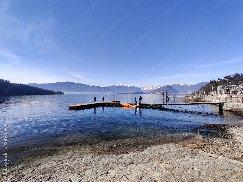 Beautiful view Lago Maggiore and Alps in winter near Verbania Italy 