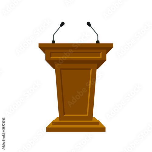 Wooden tribune stand rostrum with microphones on white background. Podium or pedestal stand for speech or public pulpit for orator. Tribute for press conference or media, politics communication.