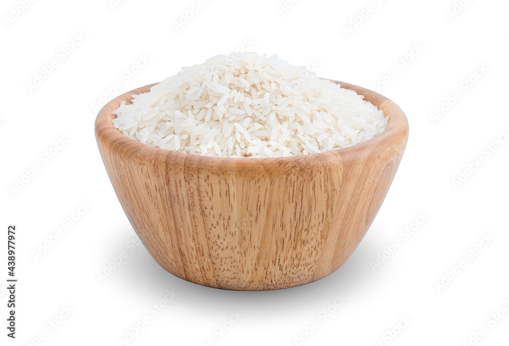 white rice (Thai Jasmine rice) in wooden bowl on white background. white rice (Thai Jasmine rice) in wooden bowl on white background.