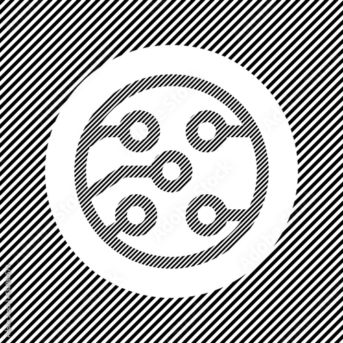 A large electrical board symbol in the center as a hatch of black lines on a white circle. Interlaced effect. Seamless pattern with striped black and white diagonal slanted lines