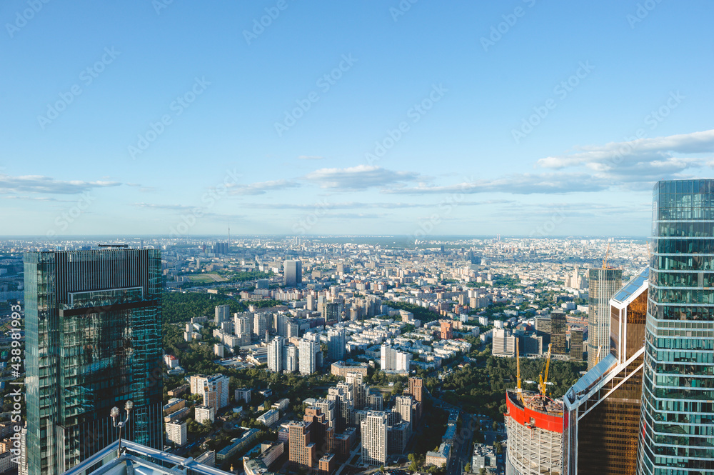 Obraz premium Top view of Moscow city skyscrapers. View from the highest observation platform in Europe. Photography from a height of 354 meters.