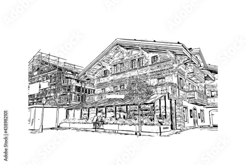 Building view with landmark of Gstaad is an upscale resort town in the Bernese Oberland region of the Swiss Alps.. Hand drawn sketch illustration in vector.