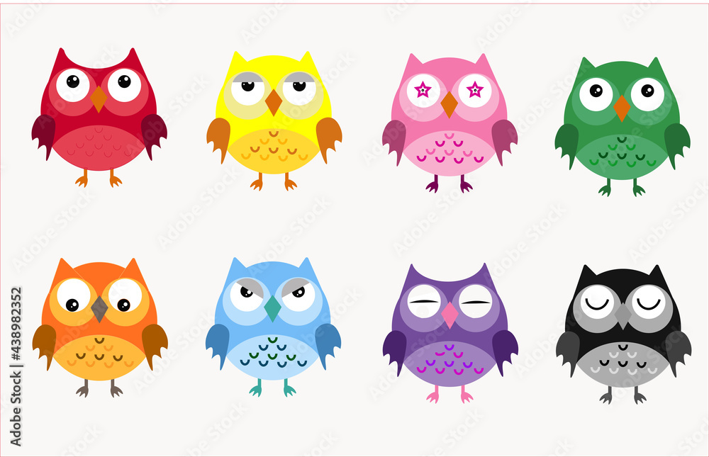 Eight colorful owls on a white background,