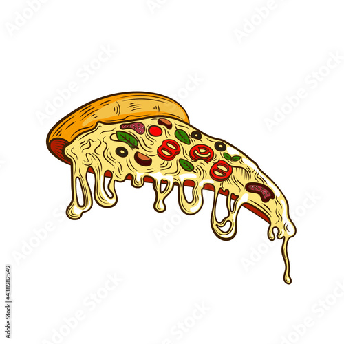 Vector slice of colorful pizza, hand drawn engraving vintage style illustration, pizza isolated on white background.
