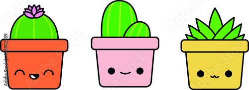 Three flowers in pots isolated on white background. Potted plants in flat style. Vector illustration