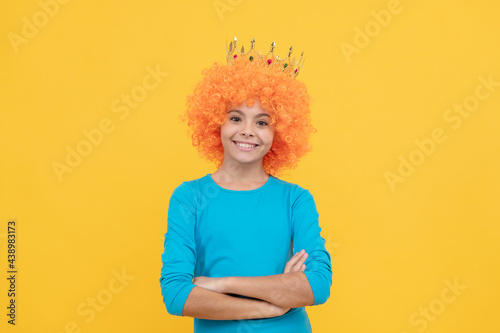 happy teen girl in fancy clown wig wear queen crown, ego