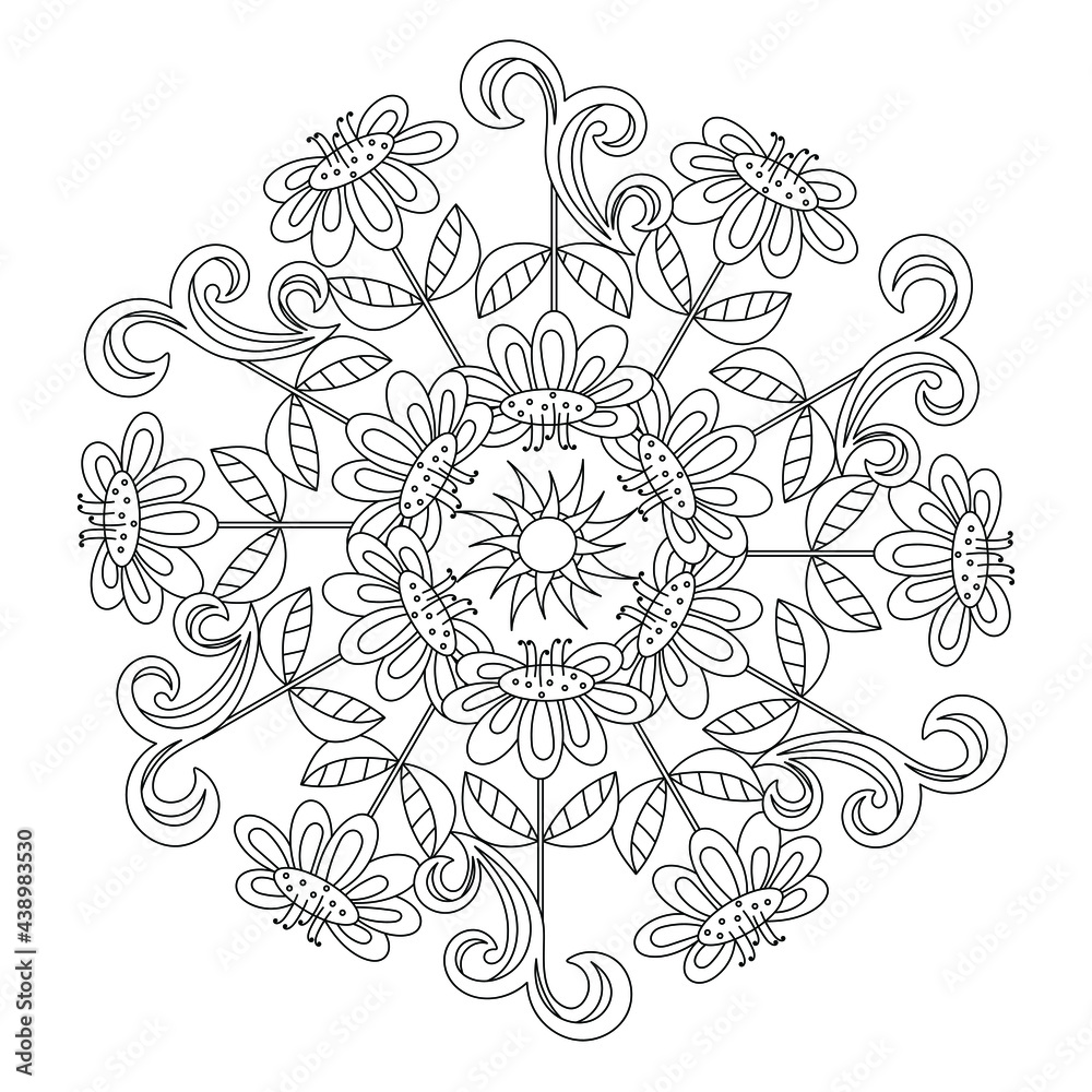 Plakat Coloring book or adult and children. Mandala, Stylized Flowers and abstract shapes. Vector illustration,