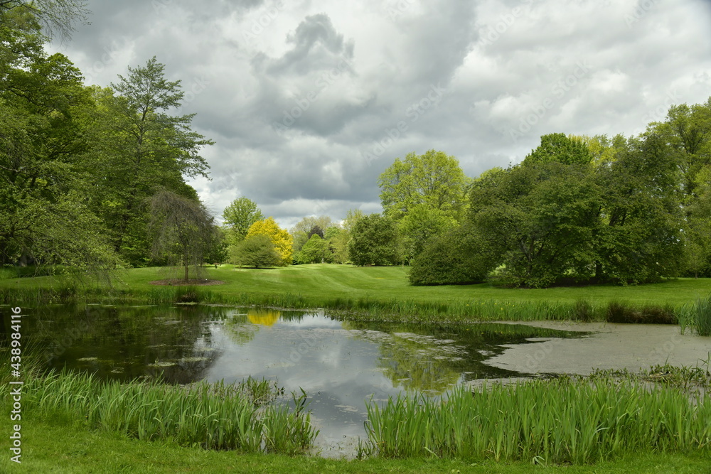 Trilogie d'une arrivée d'éclaircie sous un ciel nuageux et sombre menant à un contraste saisissant de vert et de gris à l'arboretum de Wespelaar au Brabant Flamand 