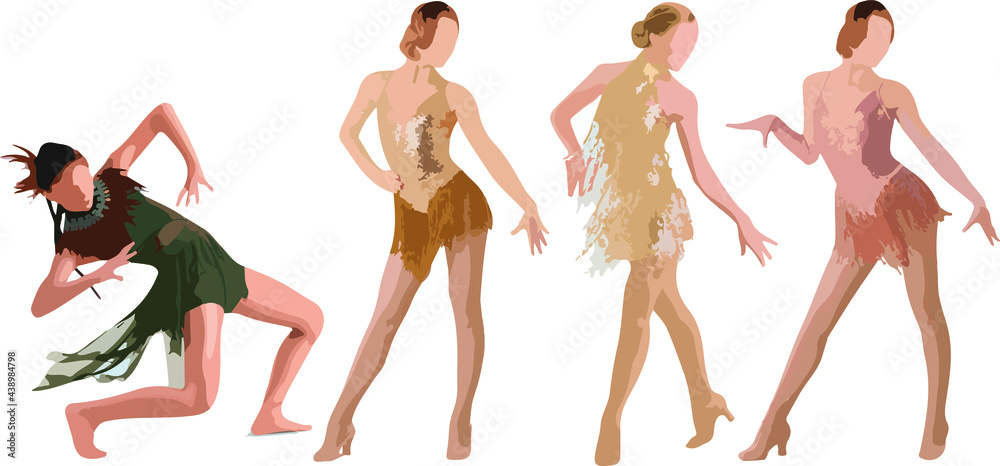 Set of dancing women standing and wearing dress, in various poses, cartoon character, people, business, group, vector silhouette, flat design icon, black color, isolated on white background Set of dancing women standing and wearing dress, in various poses, cartoon character, people, business, group, vector silhouette, flat design icon, black color, isolated on white background