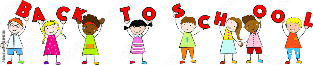 Funny children with letters.. Back to school concept. Flat illustration. Long banner. Funny children with letters.. Back to school concept. Flat illustration. Long banner.