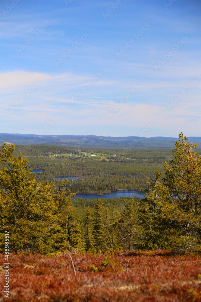Scenic lakes and houses seen from Swedish mountain Stor-Sandberget